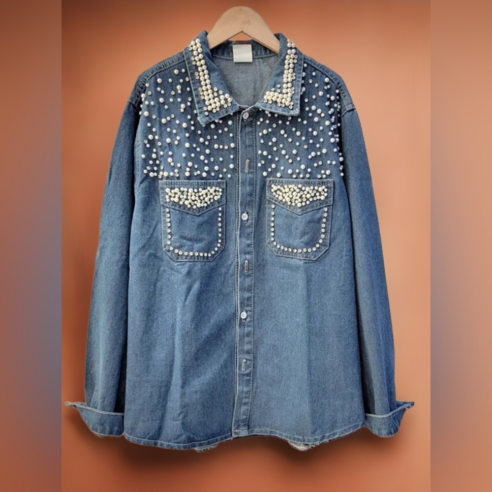 Kaylen Denim Rhinestone Pearled Button Down Shirt